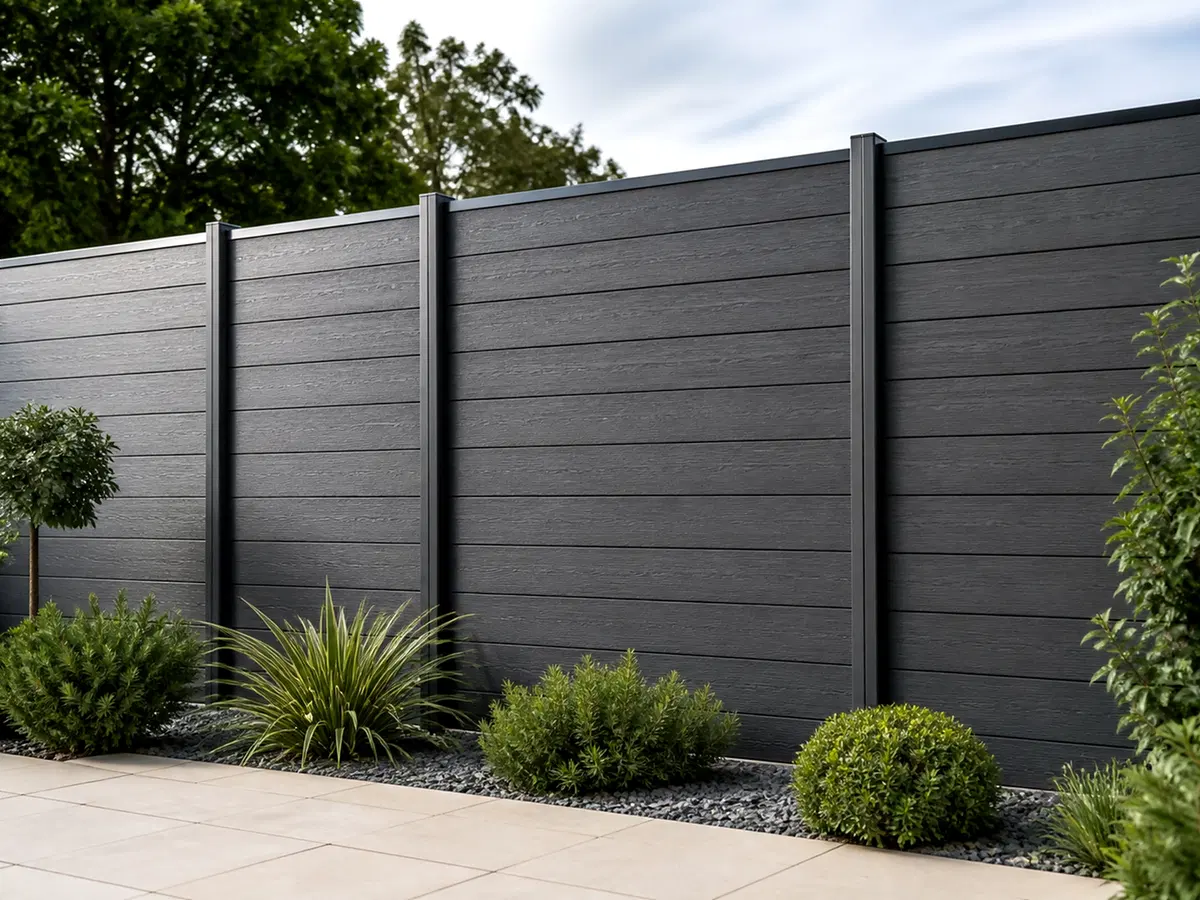Dark-grey composite fencing with modern architectural planting